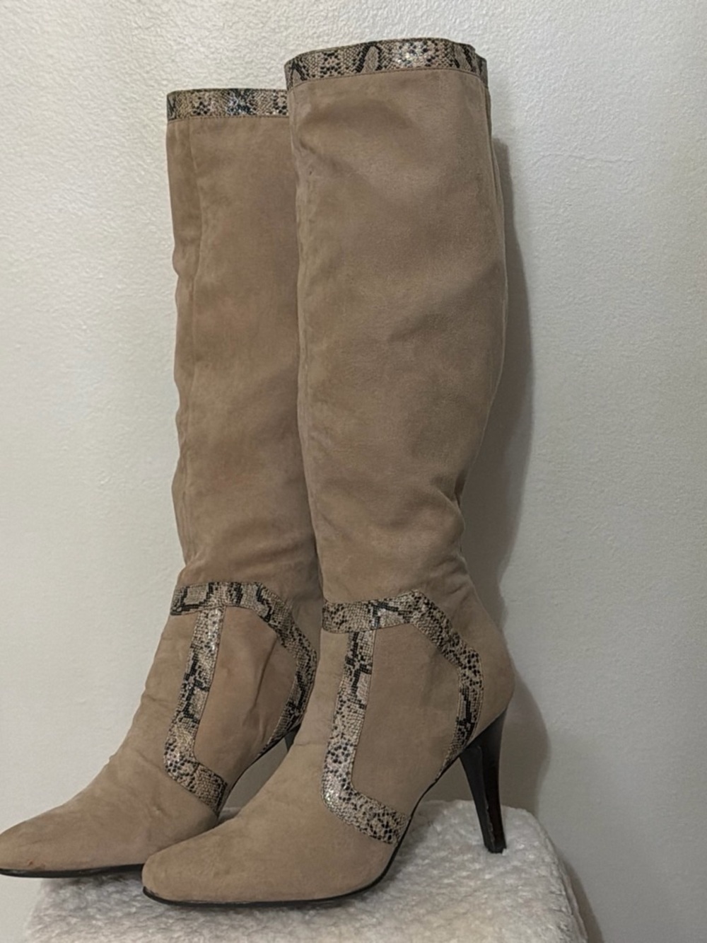 Madeline Stuart Tan Suede Over-the-Knee Boots with Snake-Print Trim